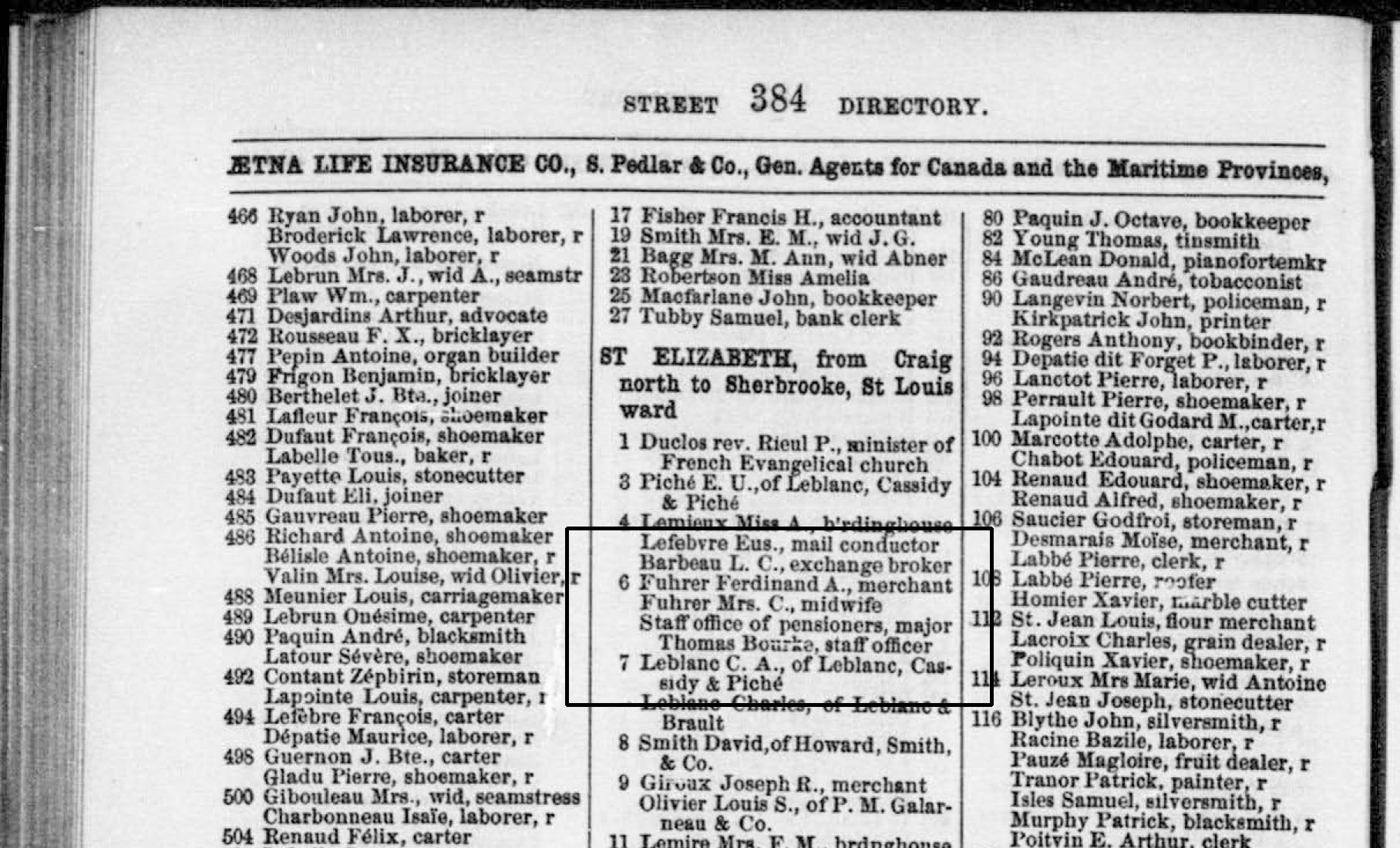 Extrait de l’annuaire Lovell de 1866-1867. On peut y lire C. Führer, sage-femme, domiciliée au 6, rue Sainte-Élizabeth