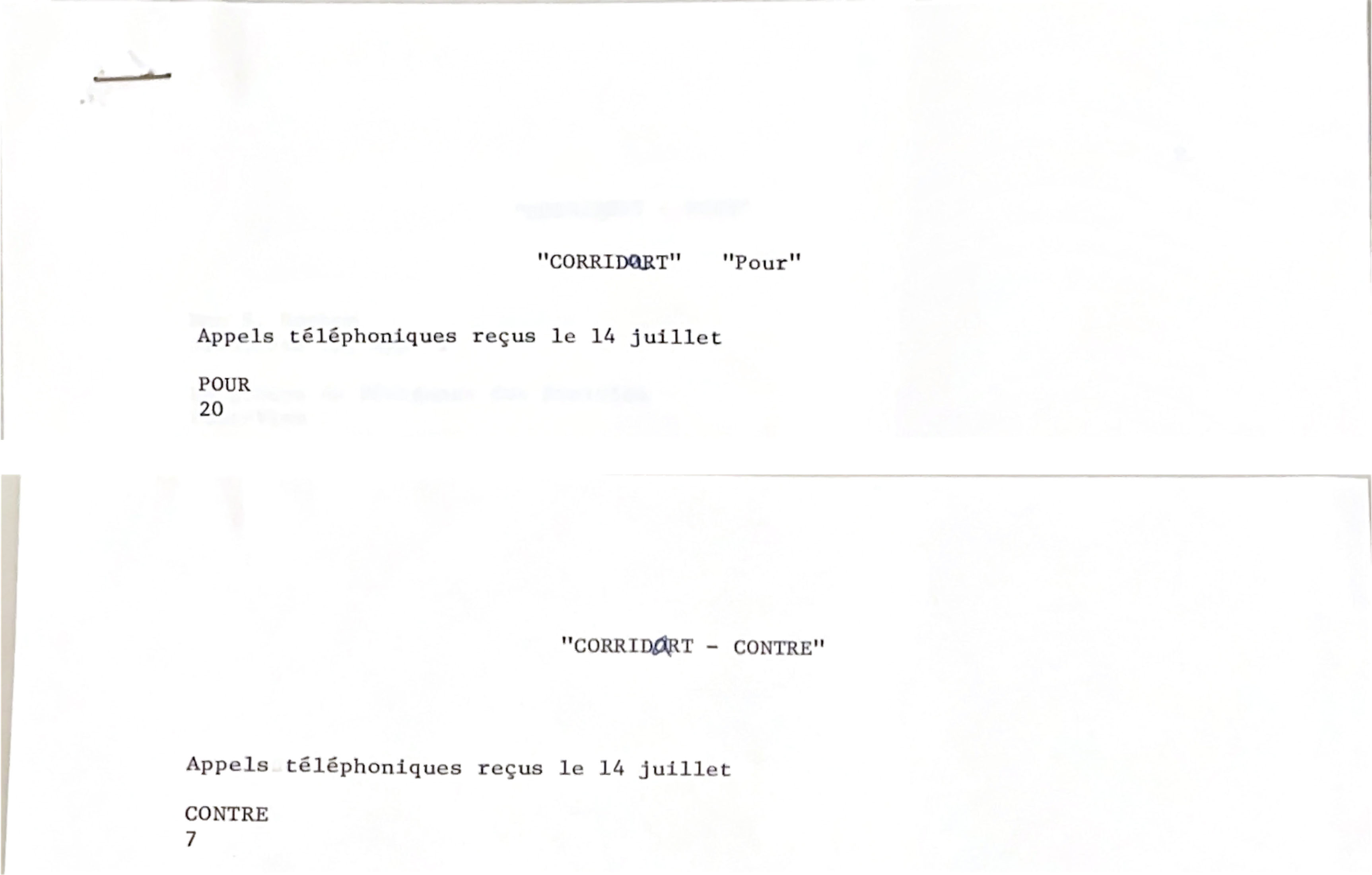 Texte indiquant « CORRIDART - appels téléphoniques reçus le 14 juillet. POUR 20. CONTRE 7 ».