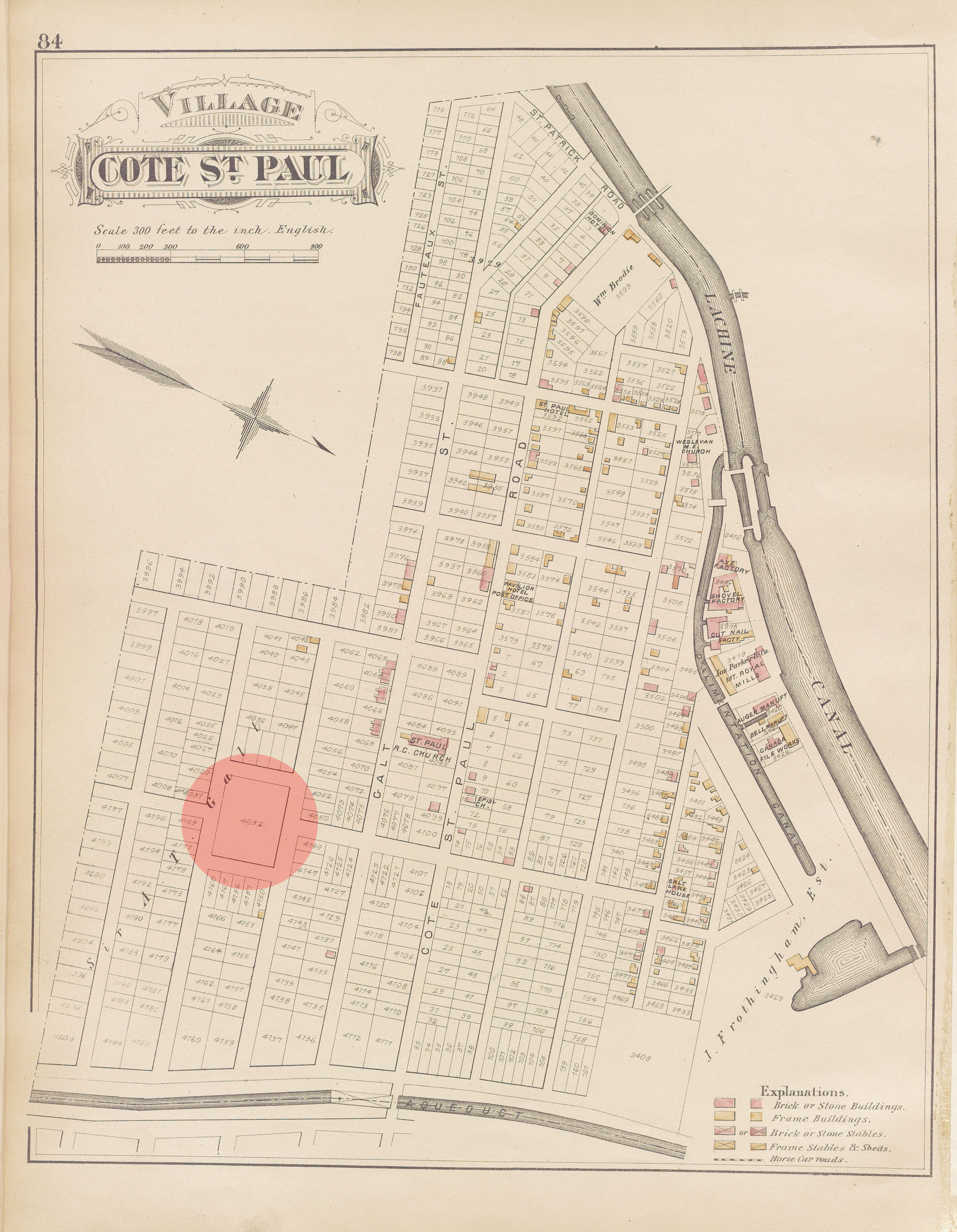 Plan avec couleurs montrant le village de Côte-Saint-Paul en 1879