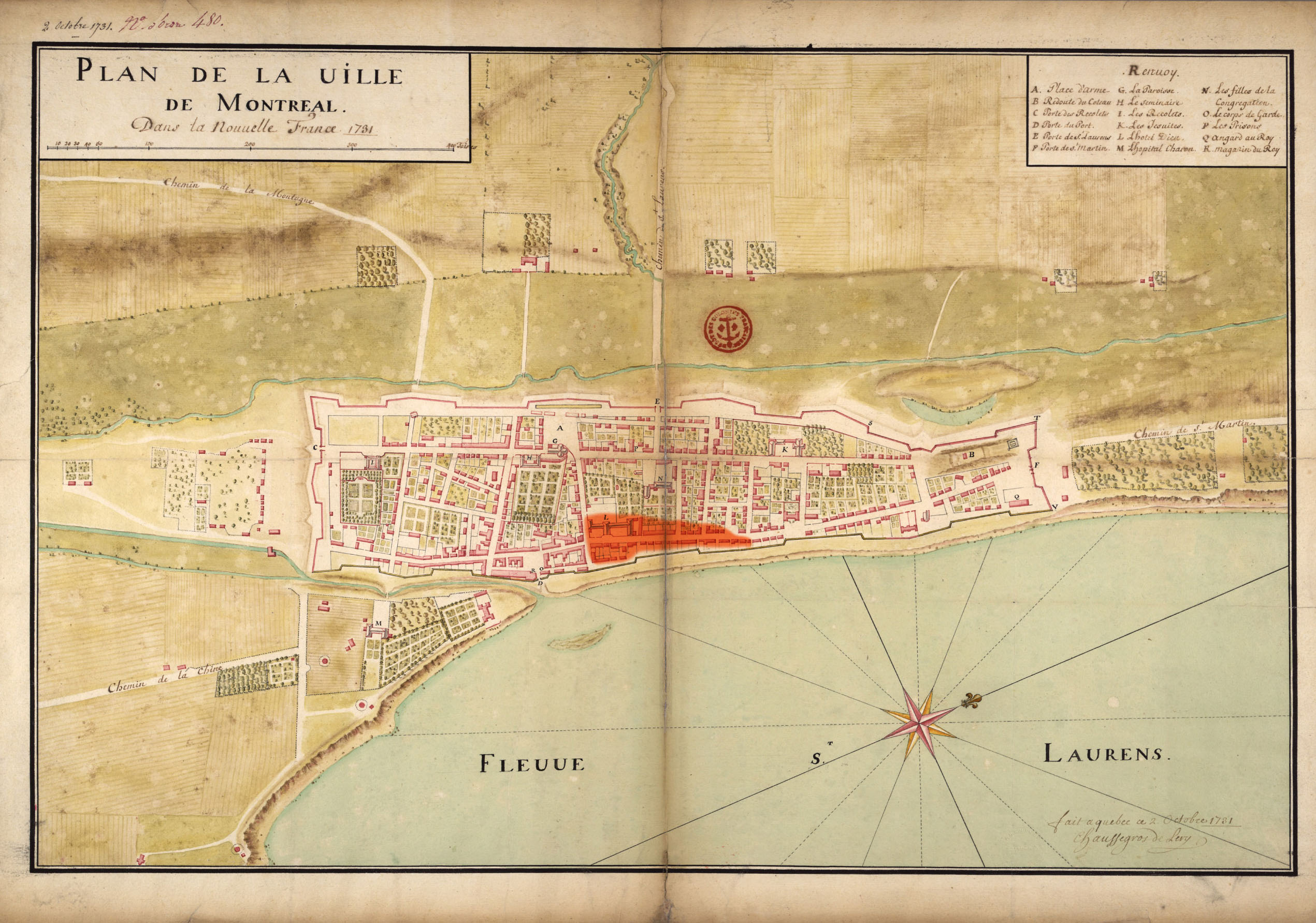Plan de Montréal en 1731 montrant la zone incendiée le 10 avril 1734
