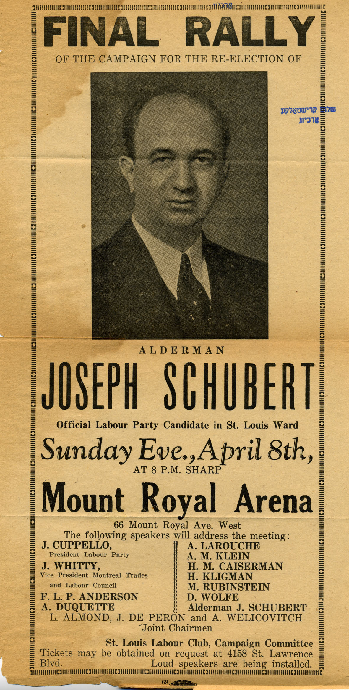 Affiche électorale invitant les électeurs à réélire Joseph Schubert dans la circonscription de Saint-Louis en 1954.