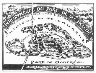 Esquisse des aménagements planifiés pour l’île Sainte-Hélène à partir du plan de Frederick C. Todd.