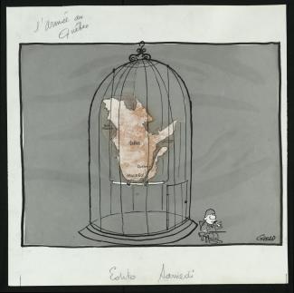 Caricature de Girerd montrant le Québec dans une cage à oiseau, un soldat assis devant la porte.