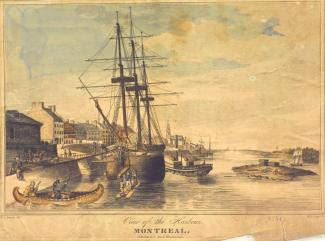 Bateaux dans le port de Montréal en 1830, dont un canot et un voilier