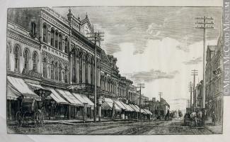 Gravure d'une scène de rue à Montréal à la fin du XIXe siècle.