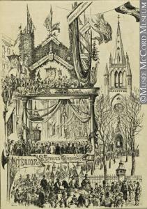 Cette image met en scène l’arrivée du défilé à l’église Saint-Patrick de Montréal. Au bas de l’image, il est possible de lire « Interior Saint-Patrick Church ».