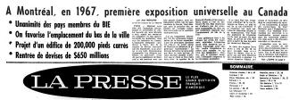 La une du journal La Presse qui annonce \"À Montréal, en 1967, première exposition universelle au Canada\"