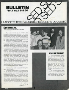 Page couverture du premier Bulletin de la Société des Étalagistes-designers du Québec comprenant un éditorial, un résumé et une photo de six hommes et une femme qui sourient. 
