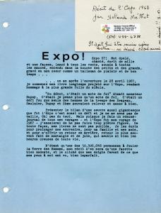 Première page du Récit de l’Expo 1967, écrit à la dactylo par Yolande Méthot