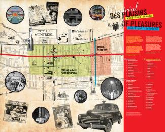 Panneau d’exposition montrant une carte du centre-ville avec un collage de photographies de lieux de divertissement et autres.