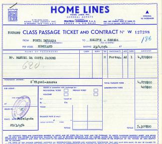 Billet pour le voyage en bateau de Manuel da Costa Jácome de Ponta Delgada à Halifax en 1954