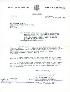 Lettre de la Ville de Montréal pour l’expropriation d’une maison rue Dorchester en 1966.