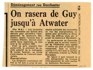 Coupure de journal du Montréal-Matin du 23 mai 1968 sur la démolition de maisons rue Dorchester.