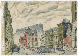 Aquarelle montrant la place D'Youville en 1954, avec la caserne de pompiers