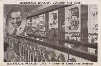 Carte postale montrant l'intérieur du café Rockead's Paradise et son propriétaire en médaillon