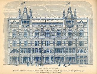 Estampe illustrant la façade du bâtiment du Monument-National tel qu’il apparaissait peu après son érection en 1893