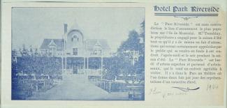 Ancienne résidence de Luce Cuvillier devenue l’Hôtel Riverside avec un court paragraphe sur le parc