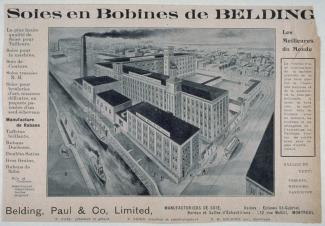 Publicité pour les soies en Bobines de Belding avec une image de la manufacture au milieu. 