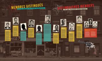 Panneau d’exposition sur la pègre montréalaise présentant dix hommes et trois femmes.
