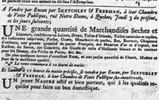 Dans La Gazette de Québec du 3 octobre 1782, on annonce la vente d’une personne noire. 
