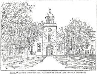 Dessin de la façade de la première église, le presbytère et le couvent