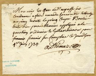 Document d'archives de Jean-Baptiste Adhémar sur la sentence qui devrait être donnée à Marie-Josèphe-Angélique