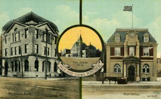 Carte postale montrant la station de pompier no 30, la Merchants Bank et le bureau de poste.