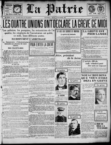 Une du journal La Patrie du 12 décembre 1918 avec en titre \"Les quatre unions ont déclaré la grève ce midi\"