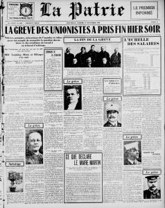 Une du journal La Patrie du 14 décembre 1918 avec en titre \"La grève des unionistes a pris fin hier soir\".