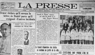 La une du journal La Presse du 5 avril 1928 annonçant que la joute Rangers-Montréal sera radiodiffusée.