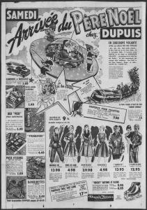 Publicité du 14 novembre 1952 de Dupuis Frères. Des illustrations montrent des jouets, un petit train, la fée des Étoiles ainsi que le père Noël arrivant en soucoupe volante.