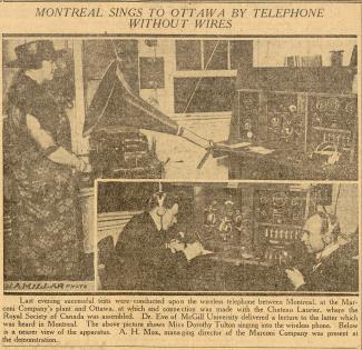 Coupure de journal avec le titre « Montreal sings to Ottawa by telephone without wires » avec deux photos et une légende.