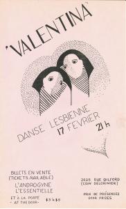 Affiche annonçant une danse lesbienne le 17 février, avec le titre Valentina, et une illustration stylisée représentant deux femmes dans un cœur.