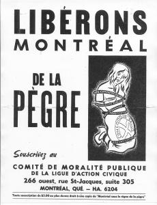 Invitation à souscrire au Comité de moralité publique de la ligue d’action civique. À droite, une femme représentant Montréal est enchaînée par des vices (jeu commercialisé, prostitution, etc.).