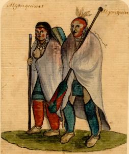 Aquarelle présentant un couple d'Algonquins du milieu du XVIIIe siècle, en costume.