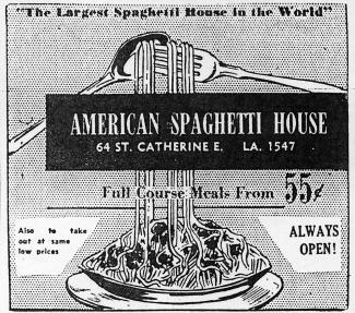 Publicité de l’American Spaghetti House montrant une illustration d’un plat de spaghetti.