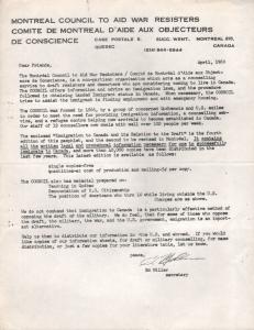 Lettre dactylographiée écrite en anglais par Ed Miller, secrétaire du Comité de Montréal d’aide aux objecteurs de conscience en date du mois d’avril 1969.