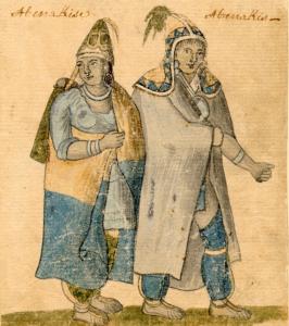Aquarelle présentant un couple d’Abénaquis du milieu du XVIIIe siècle, en costume.