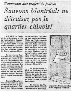 Le mouvement Sauvons Montréal s’oppose à la construction du Complexe Guy- Favreau dans cet article du journal Le Jour, du 5 mai 1976.