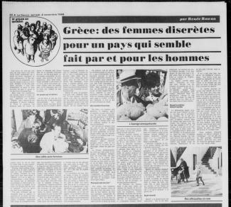 Article du journal Le Devoir datant de 1968 intitulé \"Grèce : des femmes discrètes pour un pays qui semble fait par et pour les hommes\".