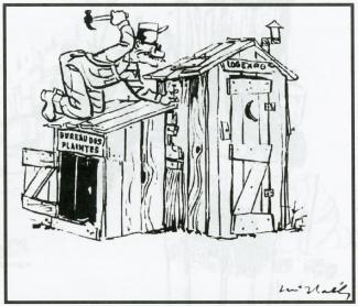 Caricature montrant un homme en train de construire une cabane en bois pour le bureau des plaintes de Logexpo
