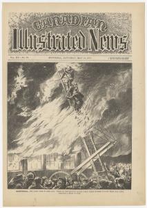 Illustration en page couverture de journal d'un bâtiment en flammes et de pompiers dans une échelle.