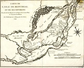 Cette carte présente l'île de Montréal et ses environs dont le lac des Deux Montagnes, le lac Saint-Louis, l'île Jésus (devenu Laval), l'île Bizard et l'île Sainte-Thérèse. Les forts et paroisses de Montréal sont notés.