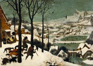 Tableau hivernal Les Chasseurs dans la neige (1565) du peintre Peter Brueghel. En arrière-plan se trouvent des joueurs qui utilisent des bâtons courbés pour jouer avec un objet sur ce qui s’apparente à une patinoire.
