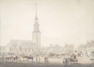 Aquarelle représentant la place d'Armes en 1790 avec l'église Notre-Dame en arrière-plan.