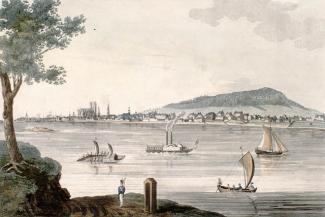 Vue de Montréal à partir de l’île Sainte-Hélène en 1830.