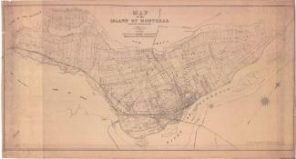 Plan ancien de l’île de Montréal sur lequel on reconnaît des lots, des rangs et des montées.