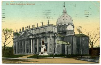 Carte postale montrant la cathédrale Saint-Jacques-le-Majeur, devenu Marie-Reine-du-Monde en 1955.