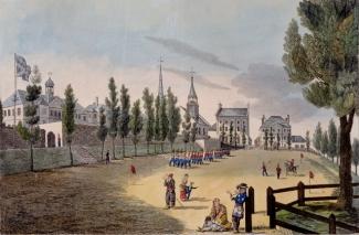 Illustration du Champ-de-Mars animé et bordé d'arbres.