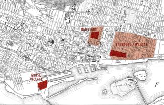 Plan présentant les délimitations des trois quartiers « disparus » (en partie pour le Red Light et le Faubourg à m’lasse).